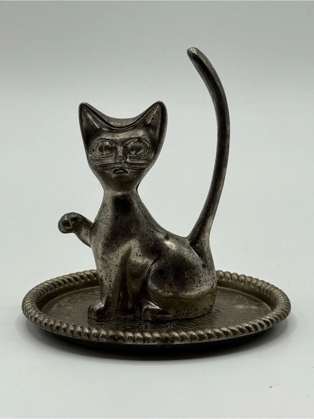 Vintage Silver Plate Cat Jewelry Ring Holder Hong Kong